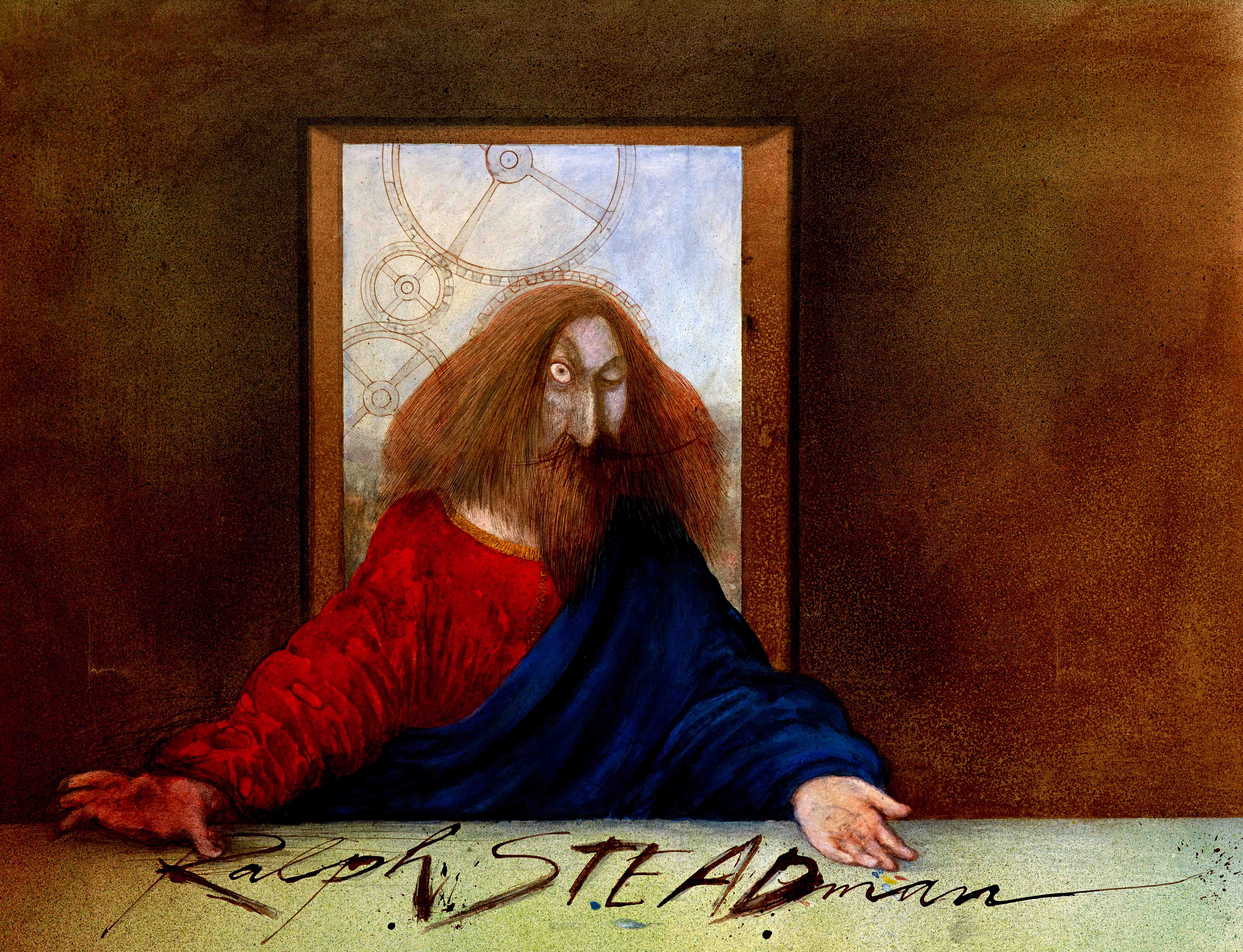 Portrait of Leonardo da Vinci by Ralph Steadman used for the cover of the book, I Leonardo.