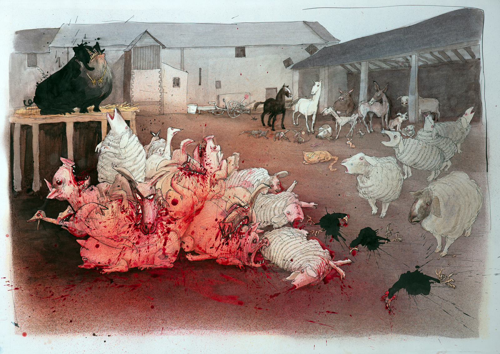Illustration from Ralph Steadman's iversion of George Orwell's Animal Farm