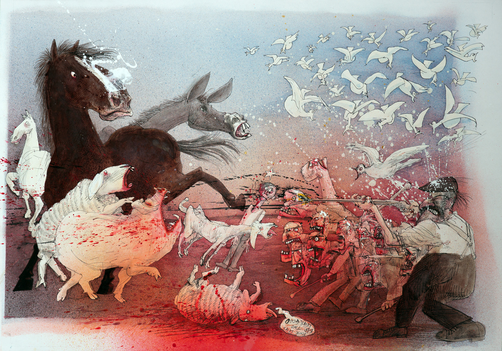 Illustration from Ralph Steadman's iversion of George Orwell's Animal Farm